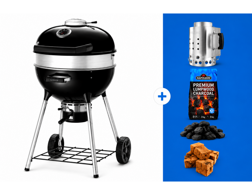 Grill węglowy 22" PRO Charcoal Kettle czarny + zestaw (komin do rozpalania #67802, węgiel drzewny 3 kg #67107, podpałka 100 szt. #67052)